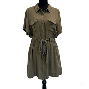Streetwear Society army green short sleeve shirt dress tie waist Sz L